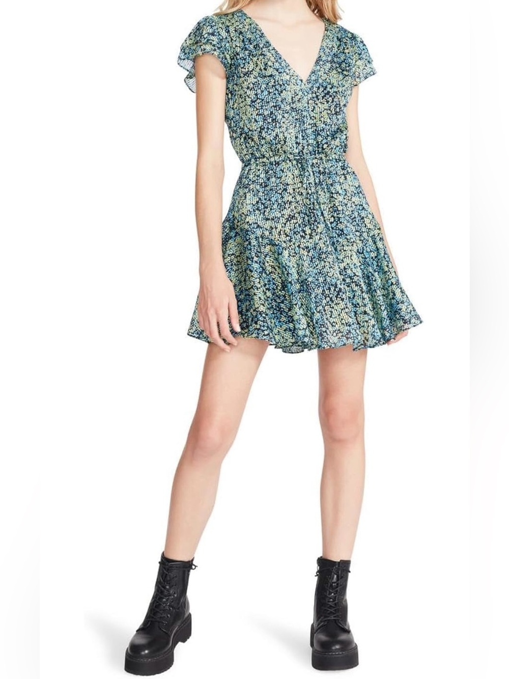 Floral Cap Sleeve Pleated Chiffon Preppy Mini Dress Fully Lined Size L